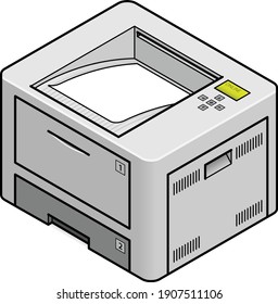 An office laser printer with three trays and a single print out in the output tray.