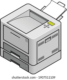 Ein Bürolaserdrucker mit drei Schalen und einem Stapel Ausgabe im Direktdurchlauffach.