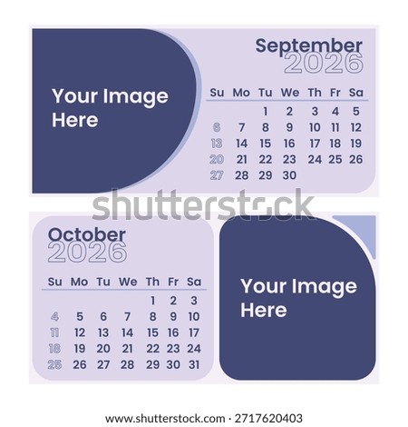 Office Lavender Minimalist Calendar Vector Template designed with a clean, modern, and professional aesthetic. This calendar features a soft lavender color palette combined with minimalist typography, rounded geometric shapes, and a well-structured layout that creates a calm, elegant, and productive office atmosphere.

The design includes a clear monthly calendar grid with an image placeholder area, making it ideal for photo calendars, corporate branding, and personalized office stationery. Perfect for wall calendars, desk calendars, monthly planners, yearly calendars, schedules, and work organizers. Suitable for offices, companies, startups, remote workers, and modern professional environments.

This fully editable vector template allows easy customization of text, dates, colors, and layout without losing quality. Optimized for both print and digital use, making it ideal for planners, business presentations, reports, productivity tools, and social media content related to office or work planning.

A perfect choice for designers and businesses looking for a minimalist, calming, and modern calendar design with a soft lavender tone that enhances focus, organization, and visual clarity.

Features:

Office-style minimalist design

Soft lavender color palette

Clean and professional layout

Fully editable vector format

High resolution and print-ready