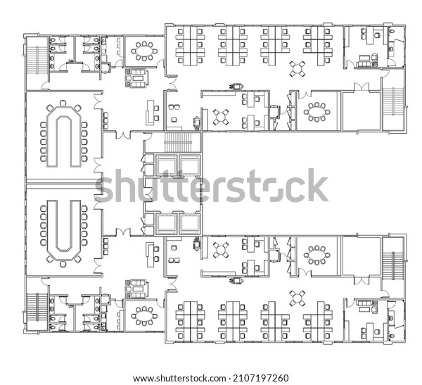 An office layout drawing complete with the office\
furniture in 2D CAD drawing. Drawing in black in white. The office\
has large meeting room. 
