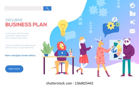 Office leader lion generate ideas, employees realize them, Colleagues create business plan, devise development strategy, growth policy. Concept of brainstorming, consulting, teamwork. Vector flat.