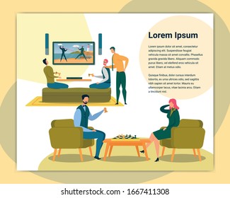 Office Leisure Activities Poster Vector Template. Resting Colleagues, Relaxed Coworkers Cartoon Characters. Employees Playing Chess and Video Games Flat Illustration. Corporate Pastime Banner