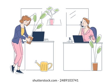 Concepto de ocio de oficina. Mujer gerente con maceta en las manos. Comodidad y comodidad en el lugar de trabajo. Jovencita procrastina en el trabajo. Ilustración vectorial lineal aislada sobre fondo blanco