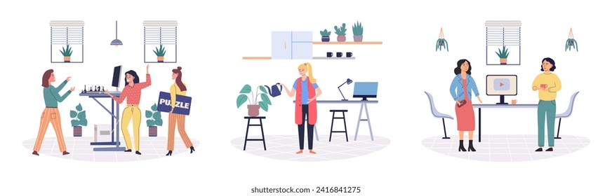 Office leisure vector illustration. Employment in organization supports leisure activities enhances job satisfaction The workplace serves as place for leisure and relaxation after completing tasks