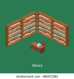 Office with library room vector isometric. Set of object