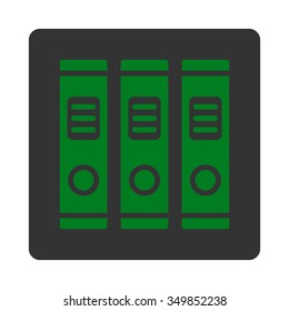Office Library vector icon. Style is flat rounded square button, green and gray colors, white background.