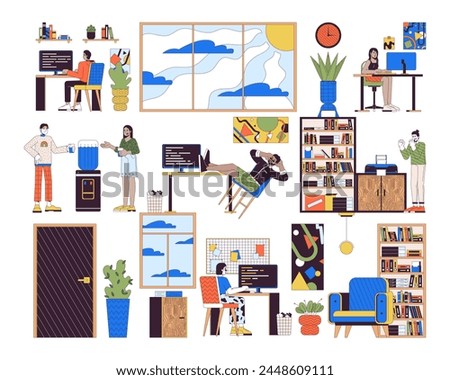 Office life 2D linear illustration concept. Corporate employees at workplaces cartoon characters isolated on white. Workspace interior organization metaphor abstract flat vector outline graphic