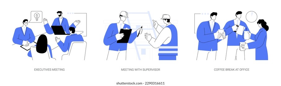 Office life abstract concept vector illustration set. Executives meeting with supervisor, coffee break at office, new project discussion and brainstorming, employee teambuilding abstract metaphor.