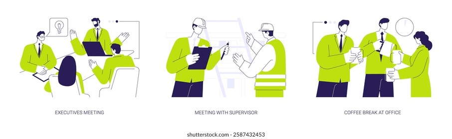 Office life abstract concept vector illustration set. Executives meeting with supervisor, coffee break at office, new project discussion and brainstorming, employee teambuilding abstract metaphor.