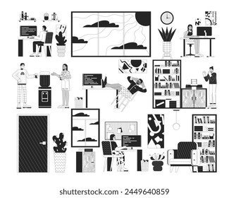 Office life black and white 2D illustration concept. Corporate employees at workplaces cartoon outline characters isolated on white. Workspace interior organization metaphor monochrome vector art