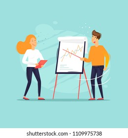 Office life, business analysis, teamwork, man and woman work at the blackboard, conference, meeting. Flat design vector illustration.