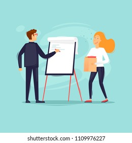 Office life, business analysis, teamwork, man and woman work at the blackboard, conference, meeting. Flat design vector illustration.