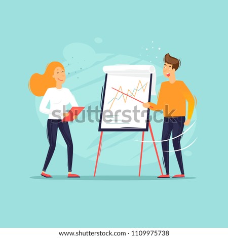 Office life, business analysis, teamwork, man and woman work at the blackboard, conference, meeting. Flat design vector illustration.
