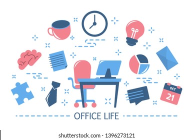 Office life concept. Idea of work and employee. Workplace and coffee, lunch time and business idea. Set of colorful icons. Isolated flat vector illustration