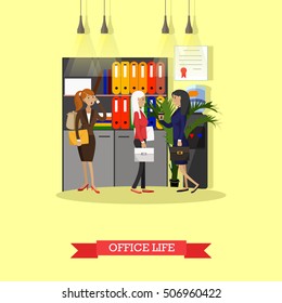 Office life concept vector illustration in flat style. Female workers in office interior. Women have coffee break and talk next to office cooler.
