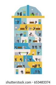 Office life Corporate. Managers in workplace. Business situation. Boss and subordinate relationship. Working time. Tables and File Cabinet. Businessman at work. Office building. job interior. 
