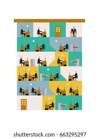 Office life Corporate. Managers in workplace. Business situation. Boss and subordinate relationship. Working time. Tables and File Cabinet. Businessman at work. Office building. job interior.