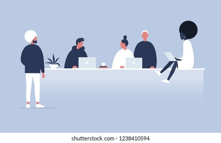 Office Life. Diversity Collective. Startup. Millennials At Work. Generation Z. Technologies. Project Management. Flat Editable Vector Illustration, Clip Art