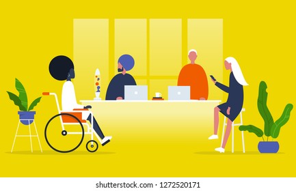 Office life. Diversity collective. Startup. Millennials at work. Generation z. Technologies. Project management. Flat editable vector illustration, clip art