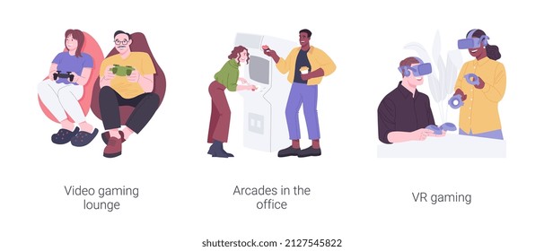 Office life entertainment isolated cartoon vector illustrations set. Video gaming lounge, arcades in the office, VR gaming at modern workplace, smart office entertainment, work break vector cartoon.