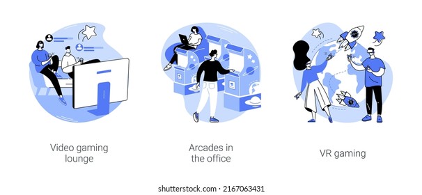 Office life entertainment isolated cartoon vector illustrations set. Video gaming lounge, arcades in the office, VR gaming at modern workplace, smart office entertainment, work break vector cartoon.