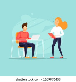 Office life, a guy communicating with a girl, a secretary. Meeting, teamwork, business. Flat design vector illustration.