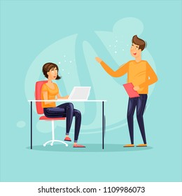 Office life, a guy communicating with a girl, a secretary. Meeting, teamwork, business. Flat design vector illustration.