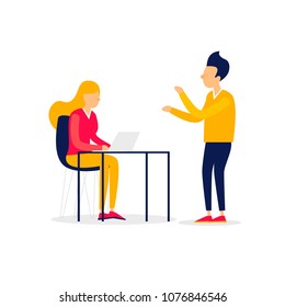 Office life, a guy talking to a girl, business. Flat style vector illustration.