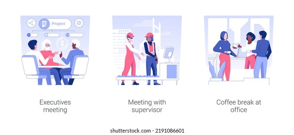 Office life isolated concept vector illustration set. Executives meeting with supervisor, coffee break at office, new project discussion and brainstorming, employee teambuilding vector cartoon.