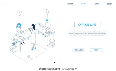 Office life - line design style isometric web banner on white background with copy space for text. A header with male, female colleagues, business team working at desks with laptops. Workflow concept