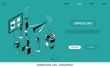 Office life - line design style isometric web banner on green background with copy space for text. A header with colleagues discussing projects, brainstorming. Paper plane, pinboard, coffee cup images
