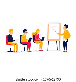 Office life, meeting, brainstorming, analysis, business training. Flat illustration isolated on white background.