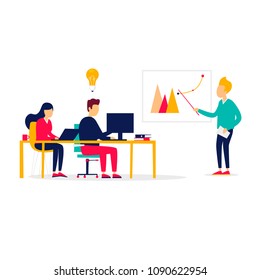 Office life, meeting, brainstorming, analysis, business training. Flat illustration isolated on white background.