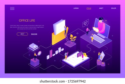 Office life - modern colorful isometric vector web banner with copy space for text. An illustration with advisor on computer screen, colleagues working, check list. Workflow management, planning theme