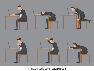 Office life of nine-to-five white collar worker or business executive. Set of six side view of vector characters sitting at his desk and doing work on laptop computer isolated on grey background