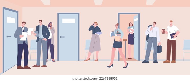 Office life, people in business center. Managers drink coffee, discuss the project, talk phone and waiting. New employee with box and things, cartoon vector scene