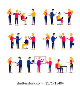 Office life, people work with computers, teamwork, meetings, team, brainstorming. Flat style vector illustration.