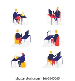 Office life, people work at computers, 3D, isometry, workplace, business, data analysis. Flat style vector illustration.