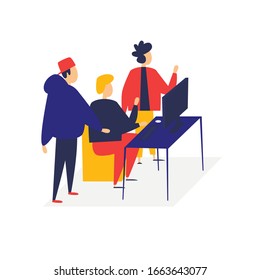 Office life, people work at computers, 3D, isometry, workplace, business, data analysis. Flat style vector illustration.