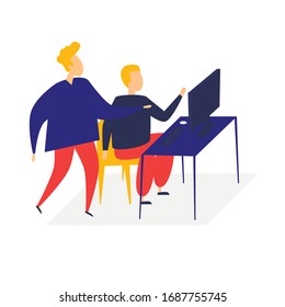 Office life, people work at computers. Flat style vector illustration.