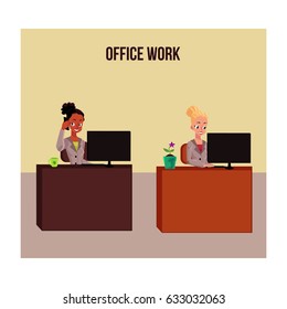 Office Life Poster, Banner With Two White And Black Businesswomen Working On Computer, Answering Phone, Cartoon Vector Illustration. Two Business Women, Secretaries, Girls Working At Office Desks