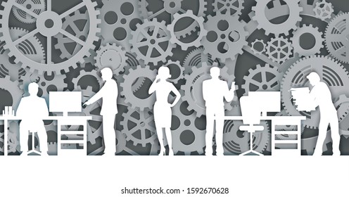 Office life scene, vector illustration in paper art modern craft style. Paper cut business people silhouettes on steampunk style clock mechanism background. Work like clockwork concept for poster etc.