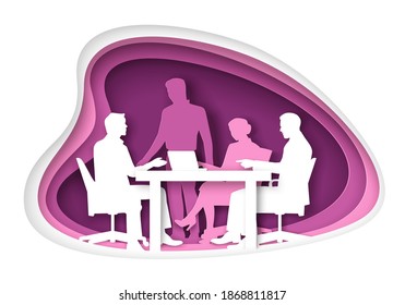 Office Life Scene, Vector Illustration In Paper Art Craft Style. Group Of Business People Silhouettes Having Meeting, Discussion Sitting At Table In Boardroom. Daily Routine, Office Situations.