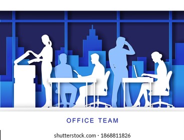 Office life scene, vector illustration in paper art craft style. Business people silhouettes thinking, working on computers, photocopying and scanning documents. Daily routine, office situations.