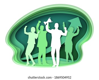 Office Life Scene, Vector Illustration In Paper Art Craft Style. Business People Silhouettes Celebrating Victory With Trophy Cup, Up Arrow. Successful Team, Business Achievements.