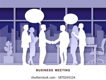 Office life scene, vector illustration in paper art craft style. Business people silhouettes meeting, talking, shaking hands. Daily routine, office situations. Business handshake.