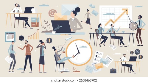 Office life scenes with business workspace items tiny person collection set. Company employees working time elements with managers, coworkers and professional labor vector illustration. Job workplace.