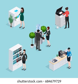 Office Life Scenes Isometric Set With Employees Near Water Cooler Cabinets Copier At Kitchen Isolated Vector Illustration 