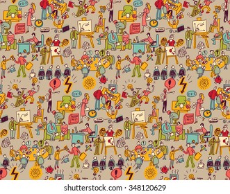 Office life seamless pattern business people. Wallpaper with working business people scenes. Color vector illustration. EPS8
