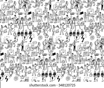 Office Life Seamless Pattern Business People Black And White. Wallpaper With Working Business People Scenes. Monochrome Vector Illustration. EPS8